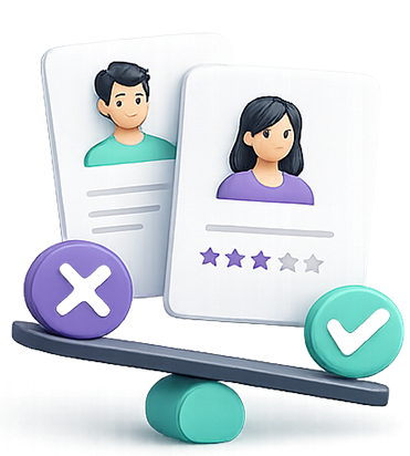 3D illustration of candidate profile cards on a balance with check and cross